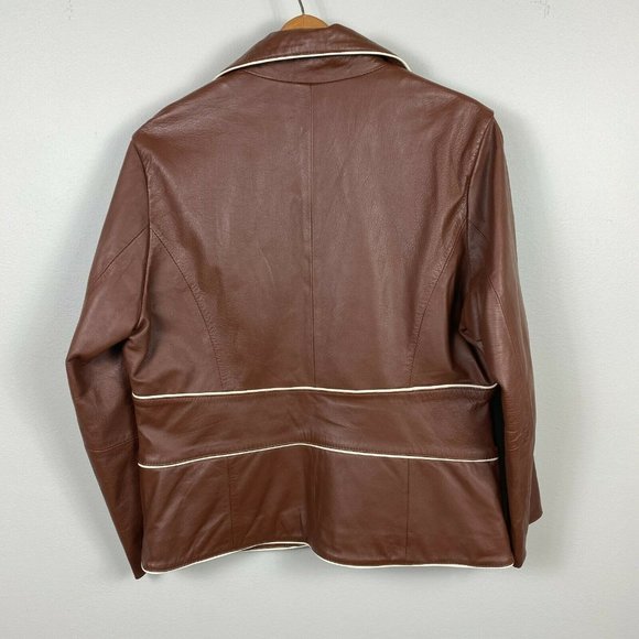Wilsons Leather Jacket L Womens Retro V-Neck 1-Button Pockets Brown White Piping - Picture 6 of 10